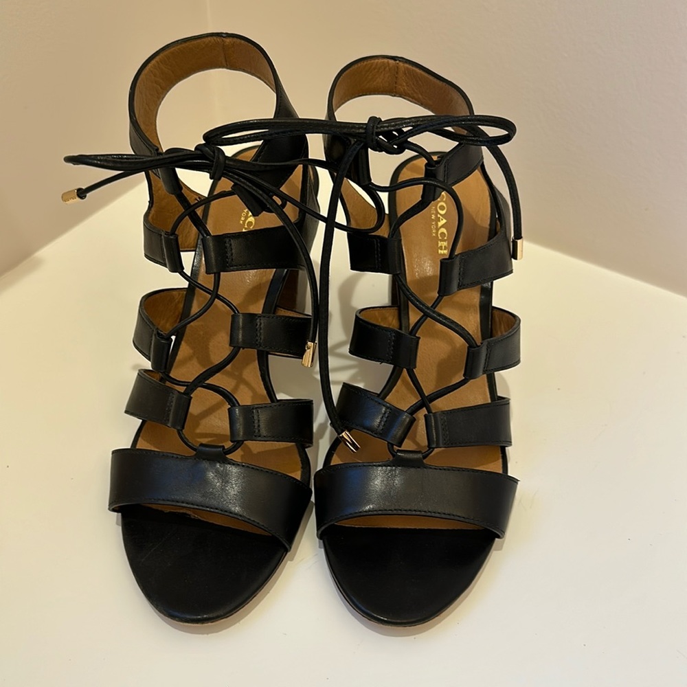 COACH black leather lace up block wood heel sandals.